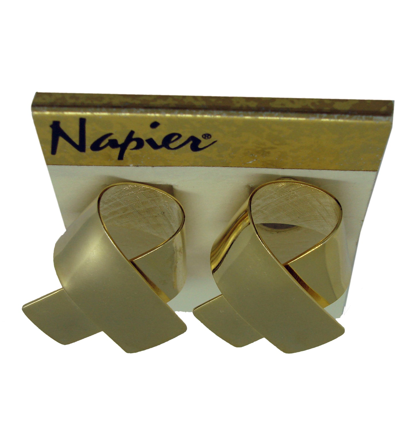 Napier Gold Tone Ribbon Clip On Earrings 80s Vintage 1 1/8" NOS NWT