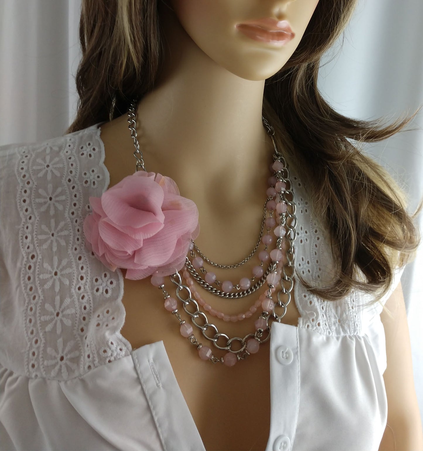 Flower Statement Necklace Beaded Necklace Light Pink Faceted Layered Chains 23"