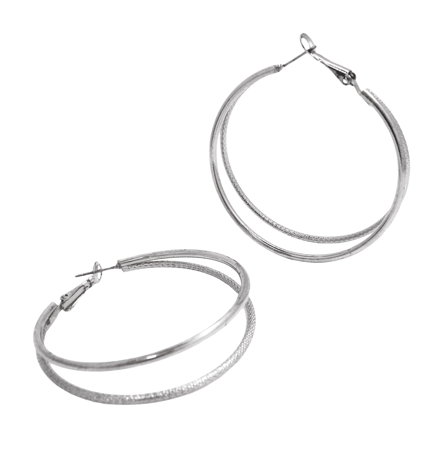 Round Double Hoop Silver Tone Textured Pierced Earrings 2"
