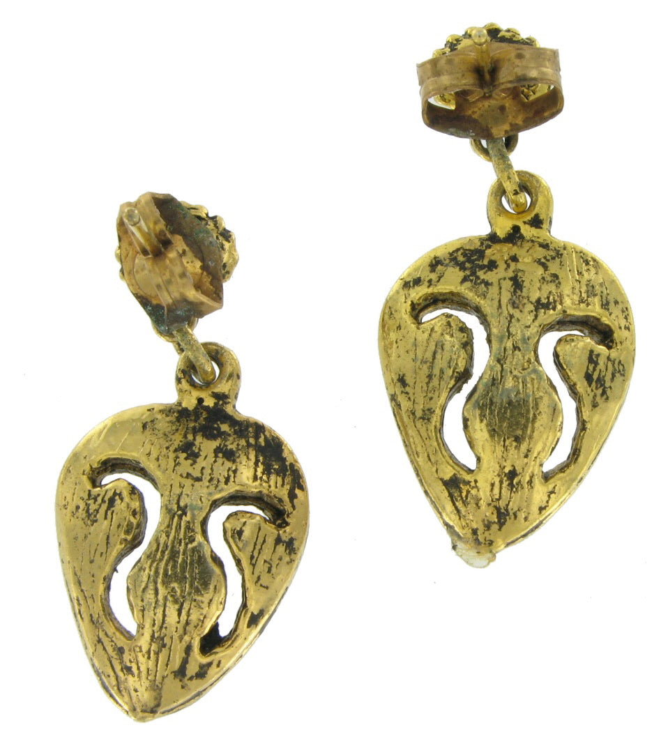 Vintage Small Exotic Gold Tone Pierced Dangle Earrings 14K Post