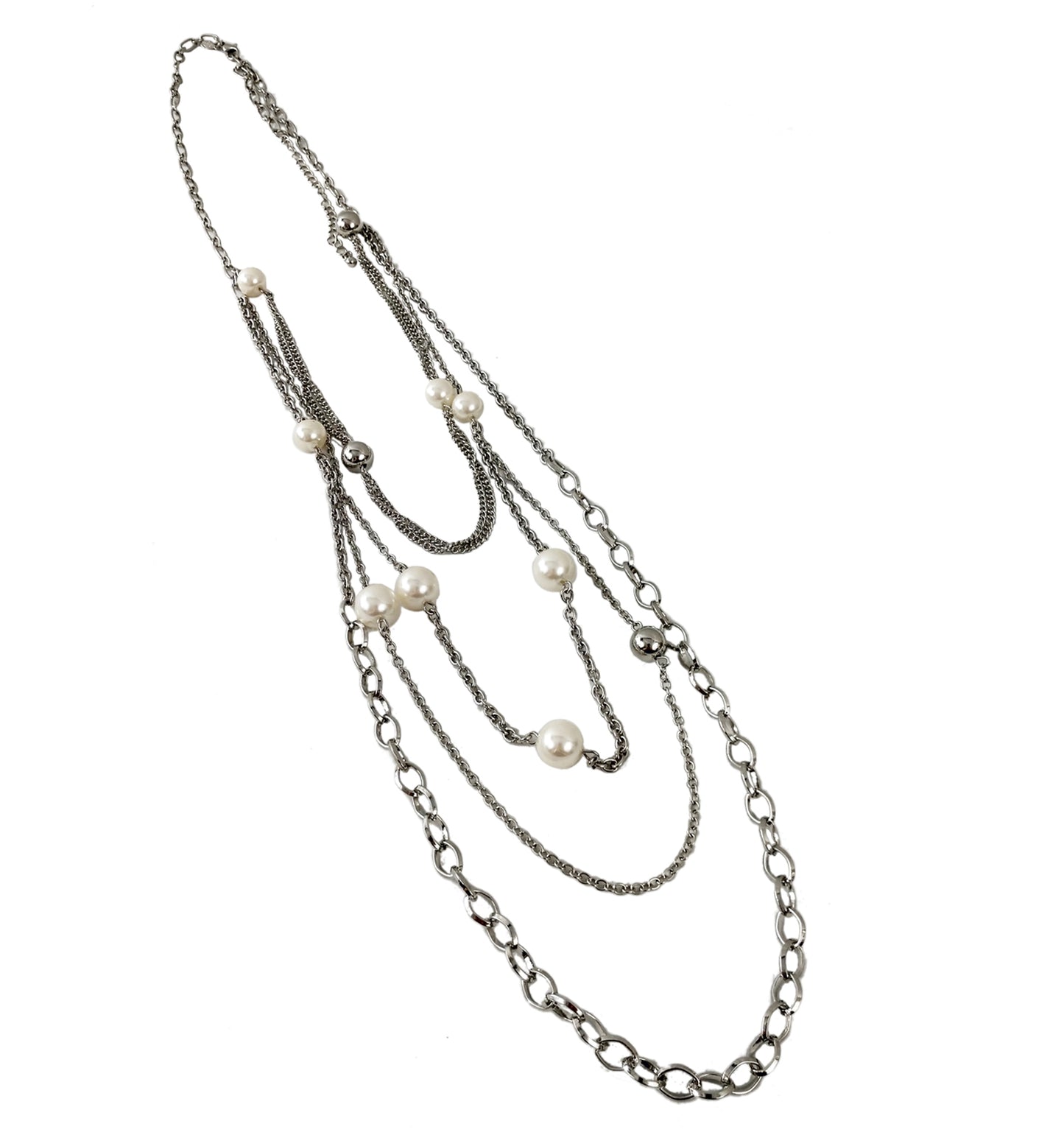 Premier Designs Multi Strand Silver Tone Chain Faux Pearl Necklace 25-28" NWOT