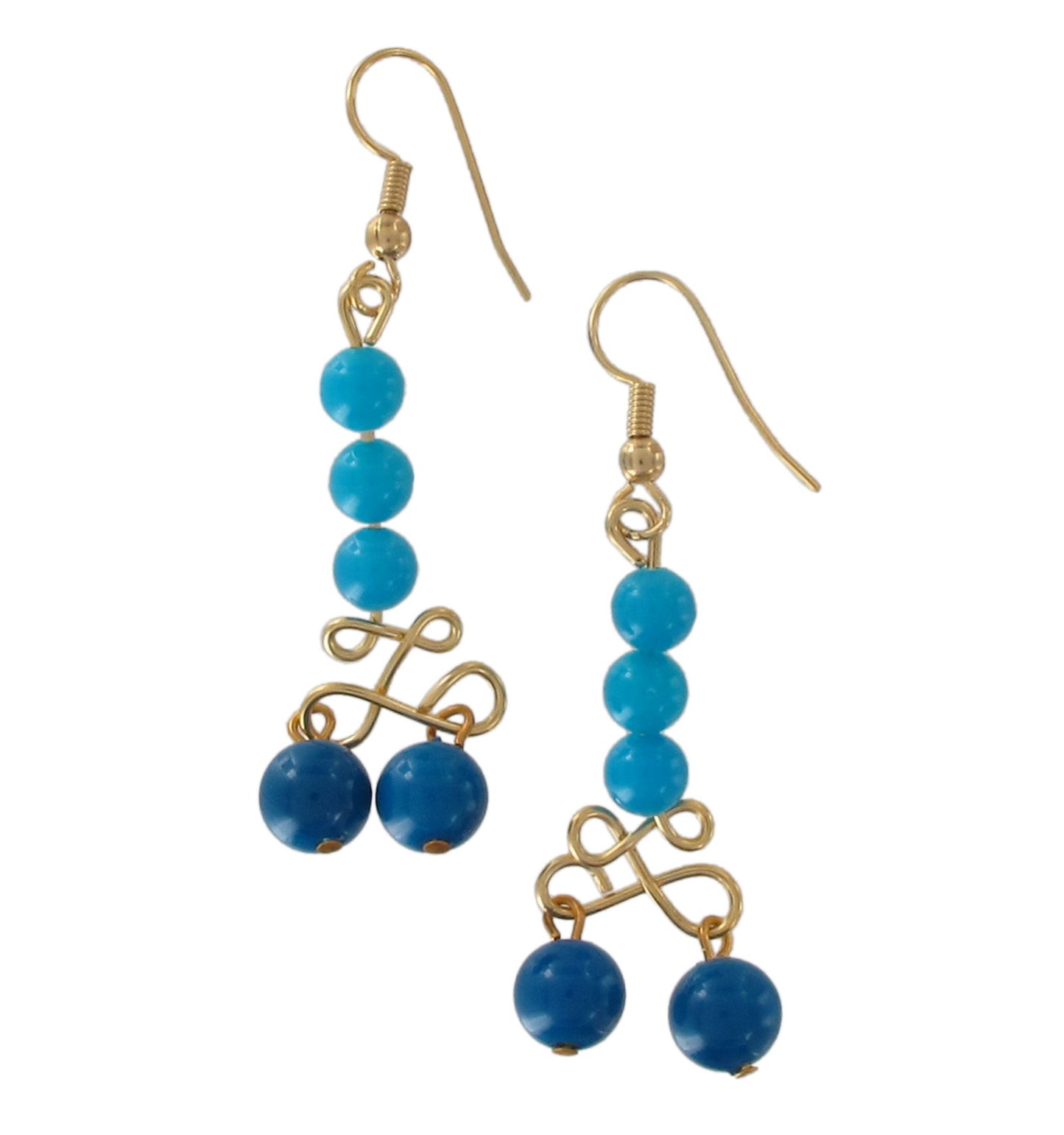 Blue Beaded Gold Tone Wire Drop Dangle Chandelier Pierced Earrings 1980s