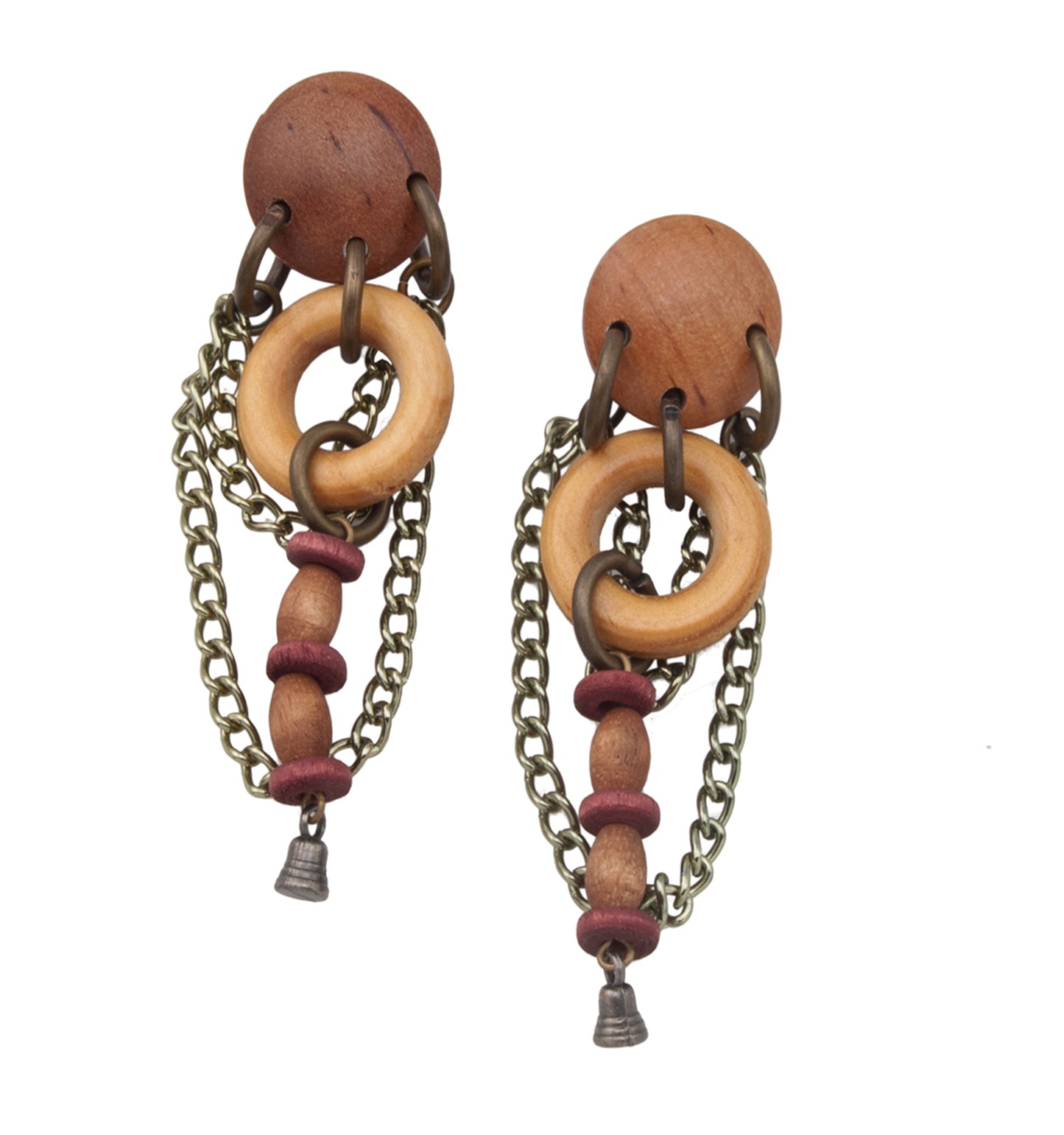 Bohemian Wood & Chain Chandelier Statement Long Pierced Earrings 3"