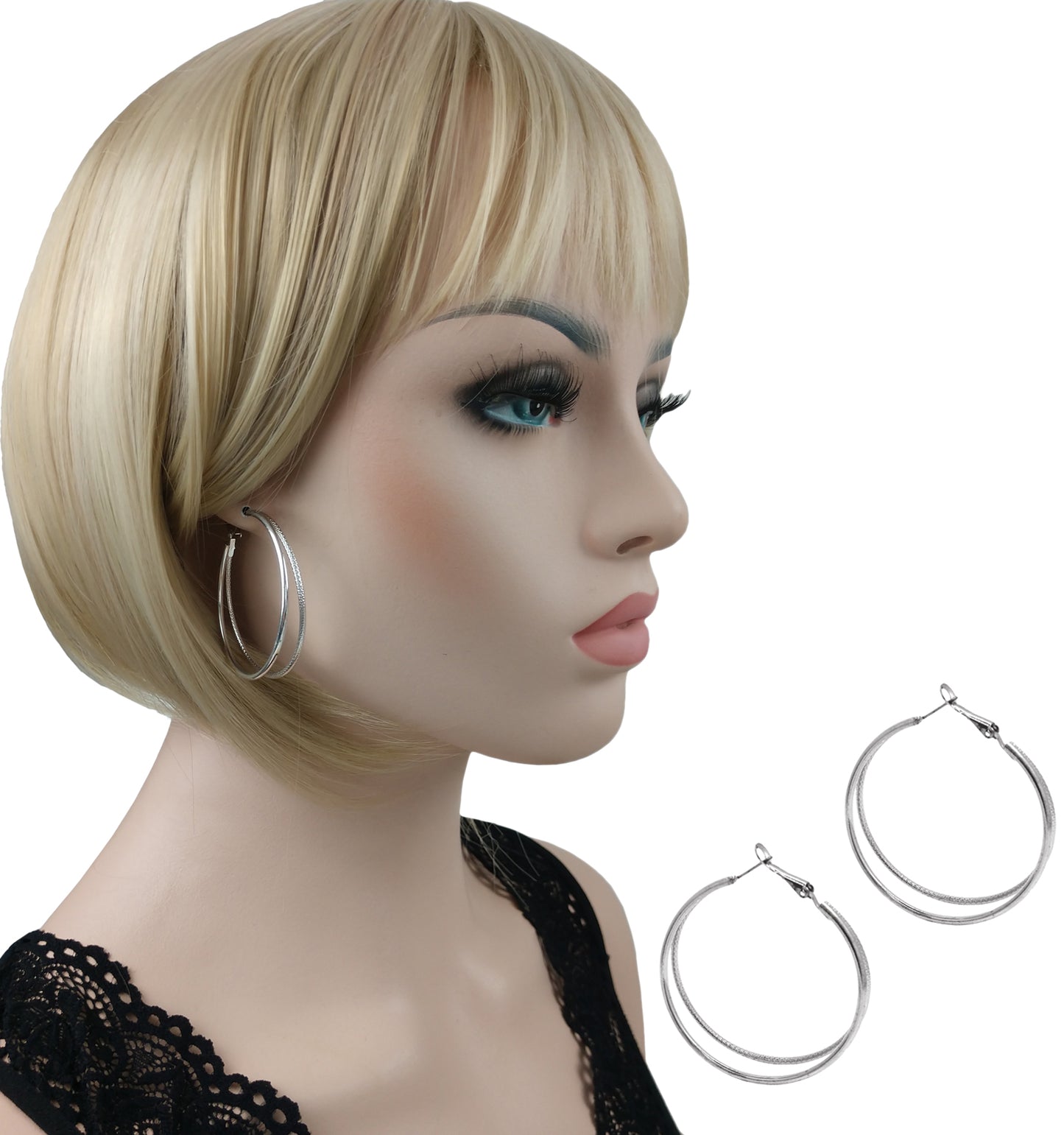 Round Double Hoop Silver Tone Textured Pierced Earrings 2"
