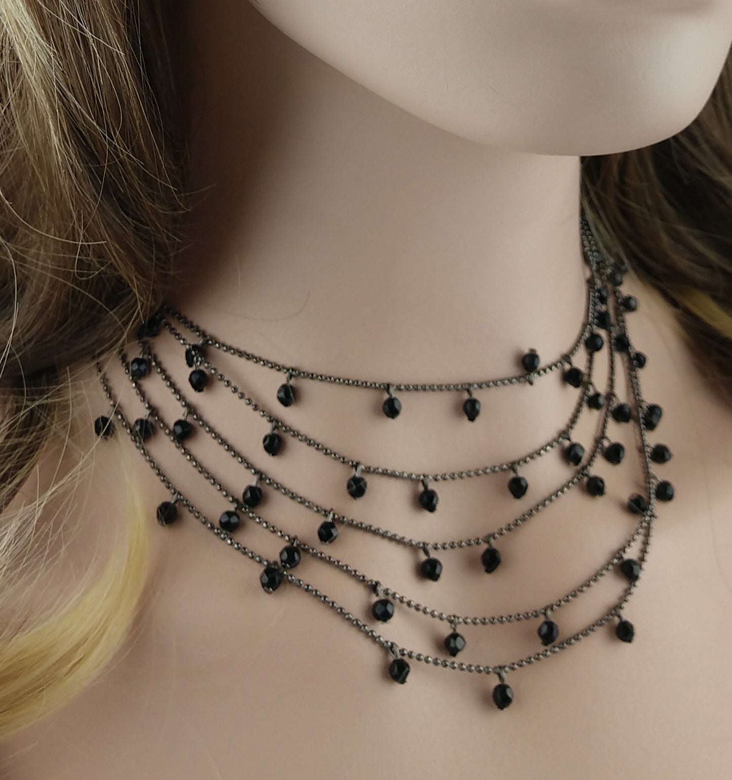 Premier Designs Multi Strand Layered Gunmetal Black Bead Ball Chain Necklace 17"