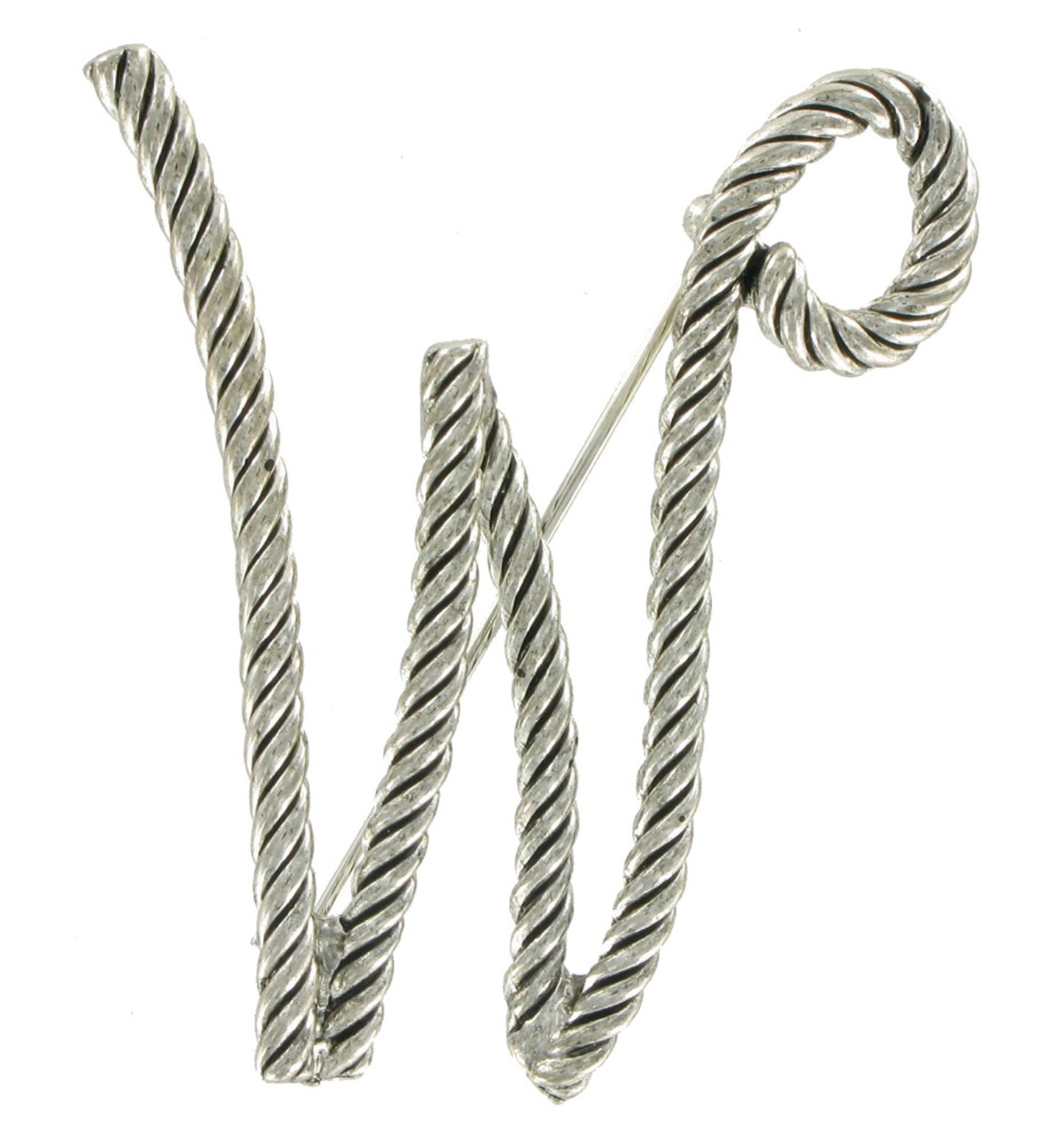 Large Script Silver Tone Rope Initial "W" Pin Brooch 2 1/2"
