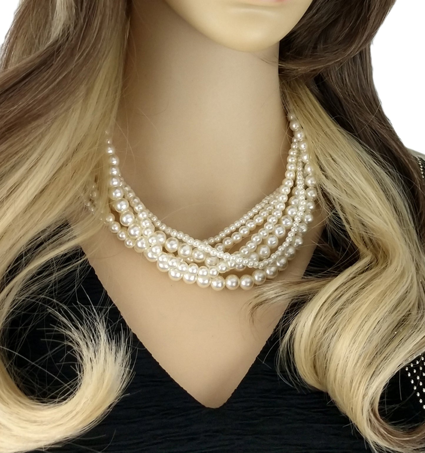 Six Multi Strand Off White Imitation Pearl Collar Necklace For Women 17 1/2"
