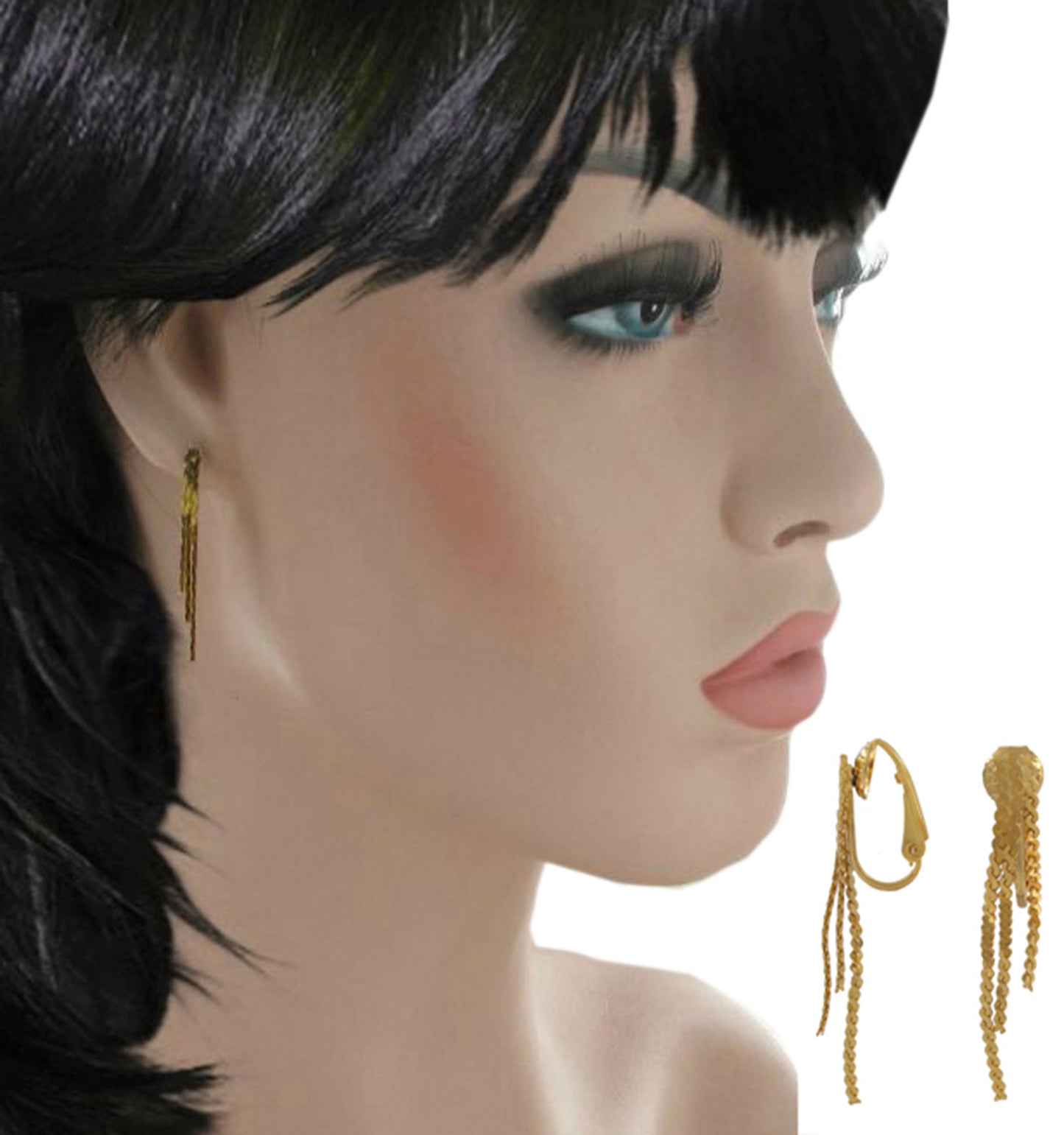 Gold Tone Chain Tassel Dangle Clip On Earrings 1 3/8"