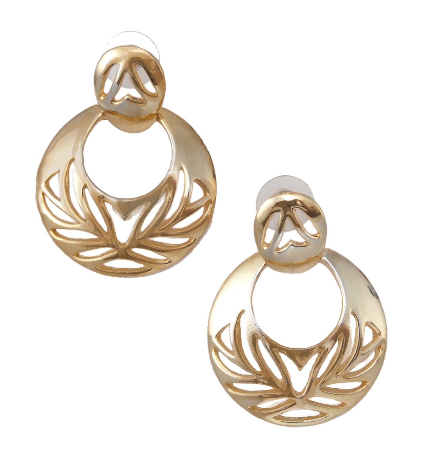 Openwork Leaf Design Door Knocker Earrings Pierced Drop - Gold Tone 2"