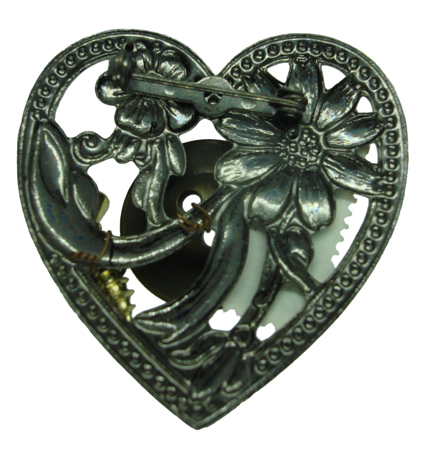 Steampunk Heart Antiqued Gold Tone Floral Button Stamp Screw Pin Brooch 1 3/4"