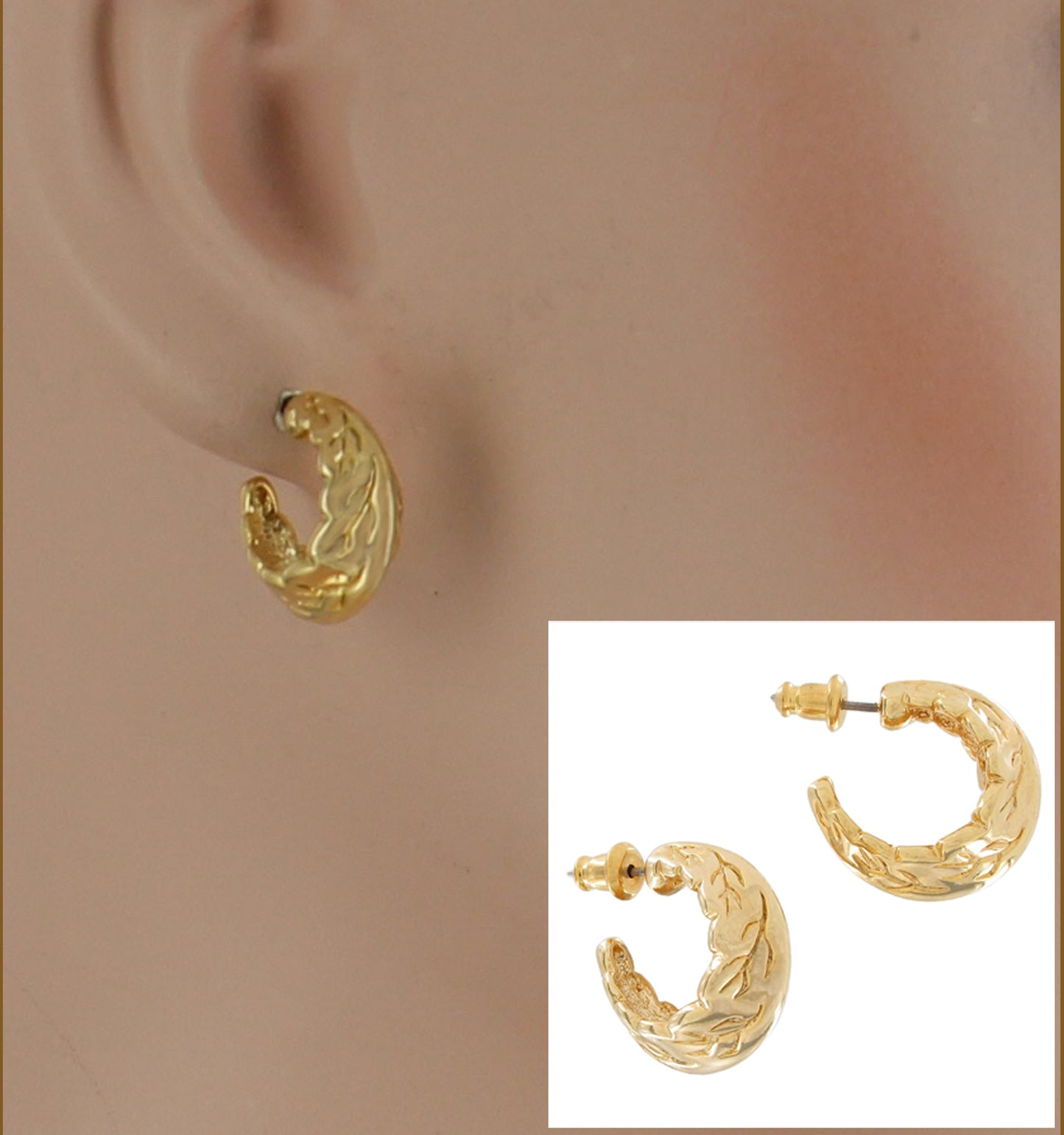 Small Yellow Gold Tone Fall Leaf Textured Huggie Hoop Earrings Pierced 3/4"