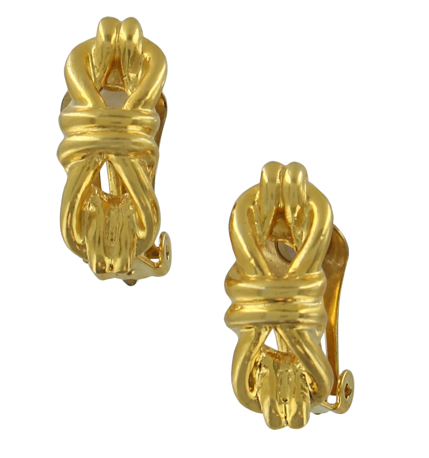 Gold Tone Ribbon Nautical Knot Clip On Earrings 1"  Vintage