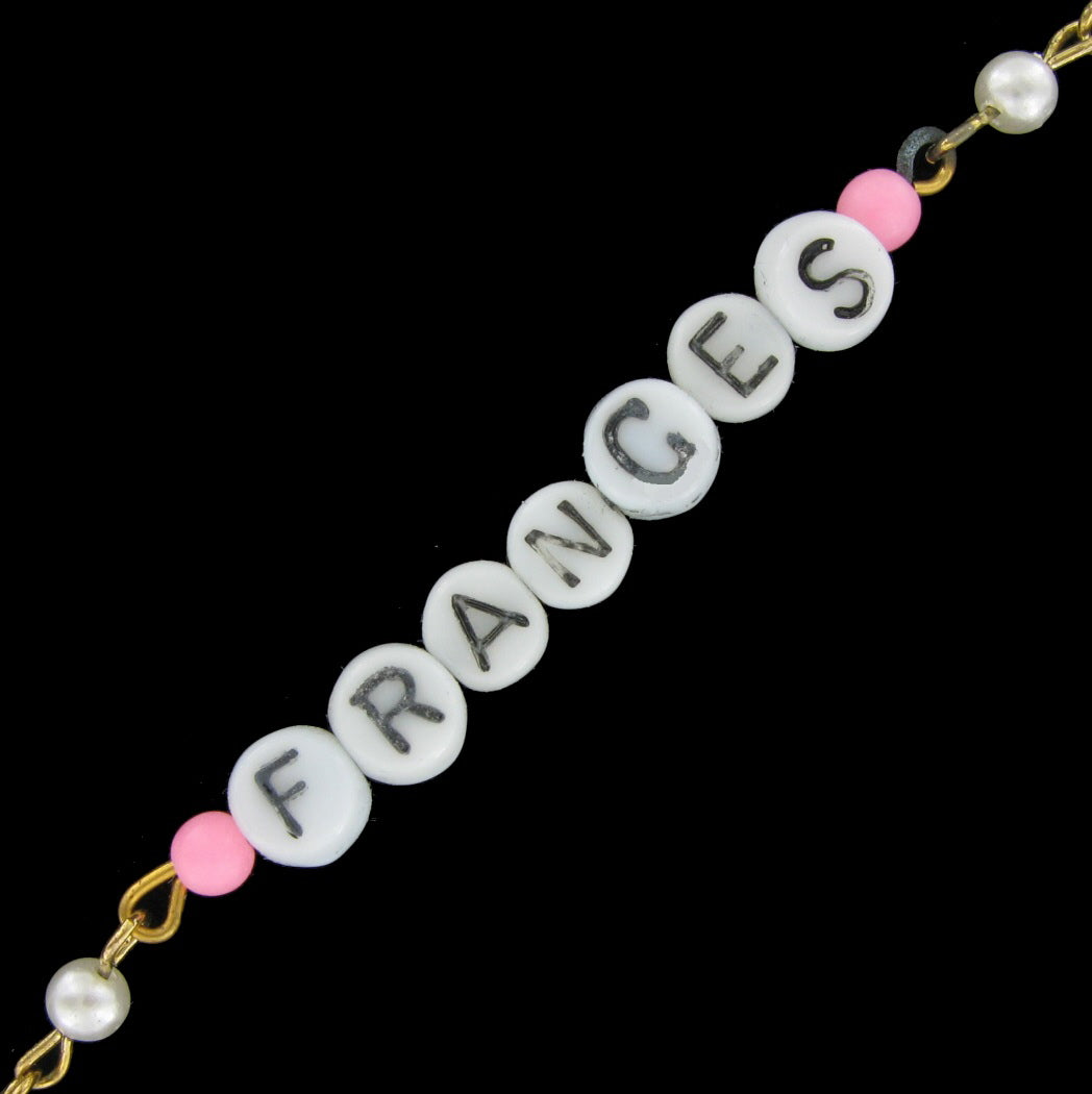 Frances - Pink Glass Faux Pearl Name Link Bracelet - Circa 1950-60