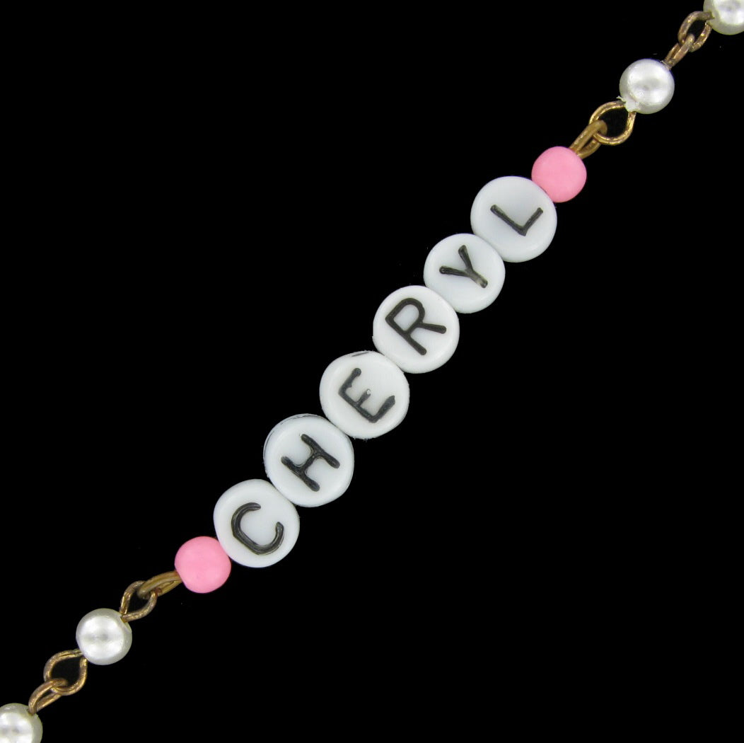 Cheryl - Pink Glass Faux Pearl Name Link Bracelet - Circa 1950-60