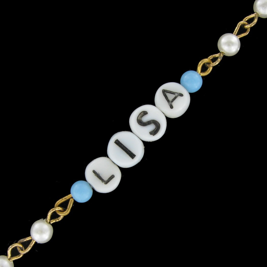 Lisa - Blue Glass Faux Pearl Name Link Bracelet - Circa 1950-60