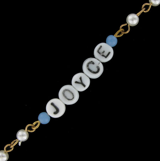 Joyce - Blue Glass Faux Pearl Name Link Bracelet - Circa 1950-60