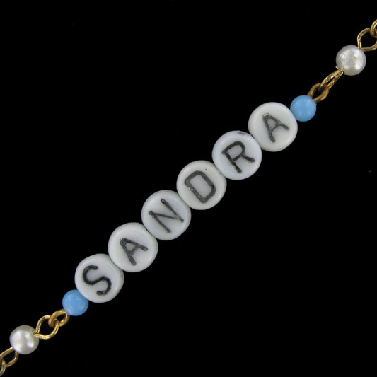 Sandra - Blue Glass Faux Pearl Name Link Bracelet - Circa 1950-60