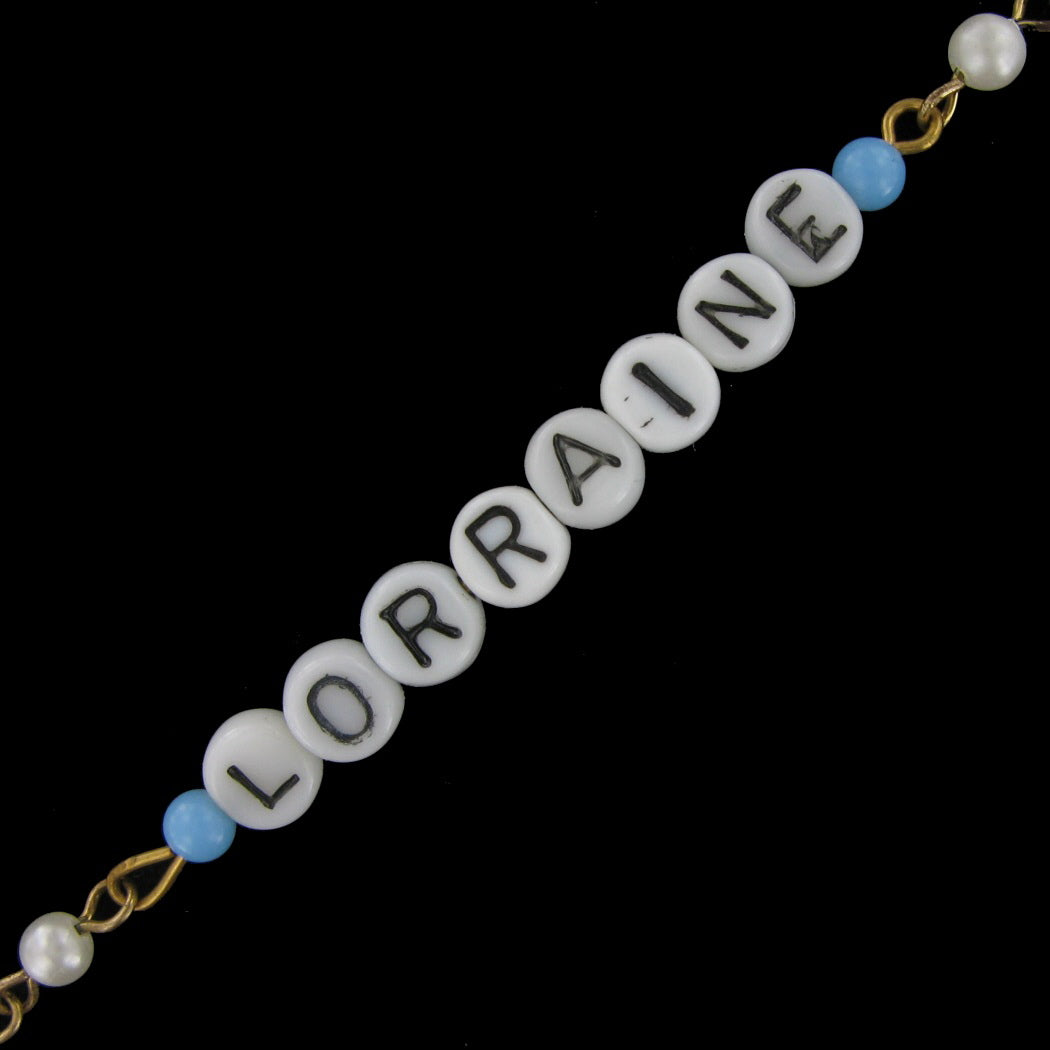 Lorraine - Blue Glass Faux Pearl Name Link Bracelet - Circa 1950-60