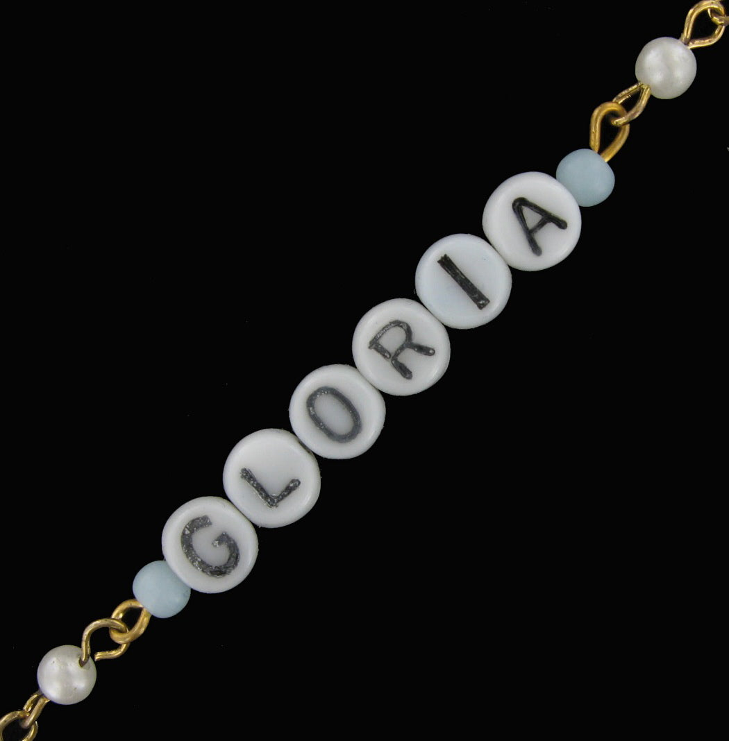 Gloria - Blue Glass Faux Pearl Name Link Bracelet - Circa 1950-60