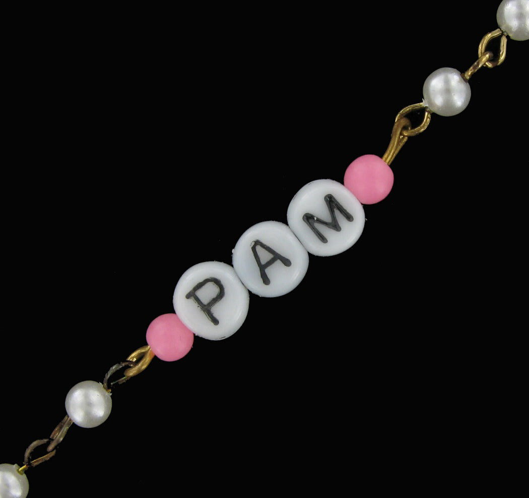 Pam - Pink Glass Faux Pearl Name Link Bracelet - Circa 1950-60