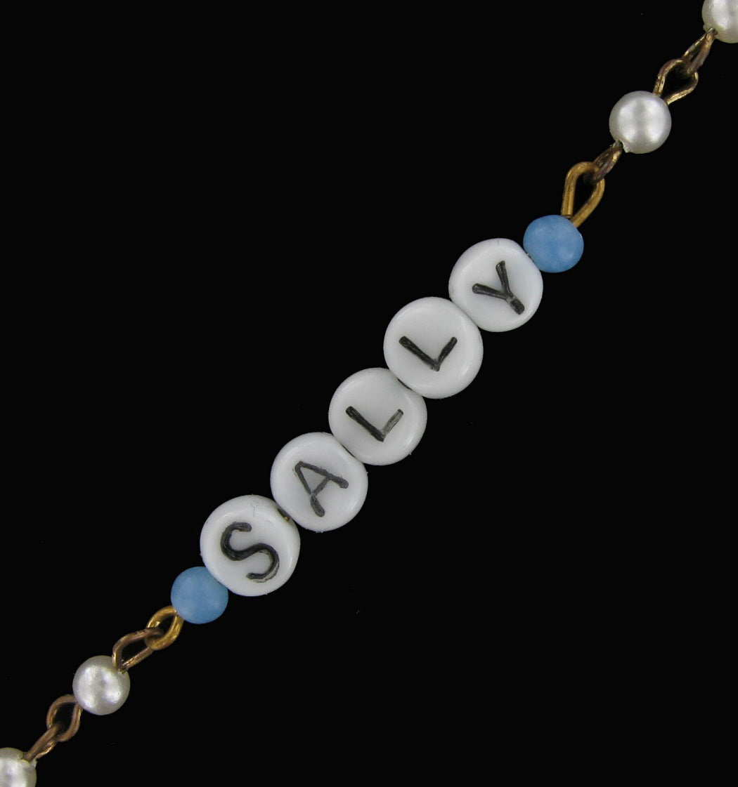 Sally - Blue Glass Faux Pearl Name Link Bracelet - Circa 1950-60