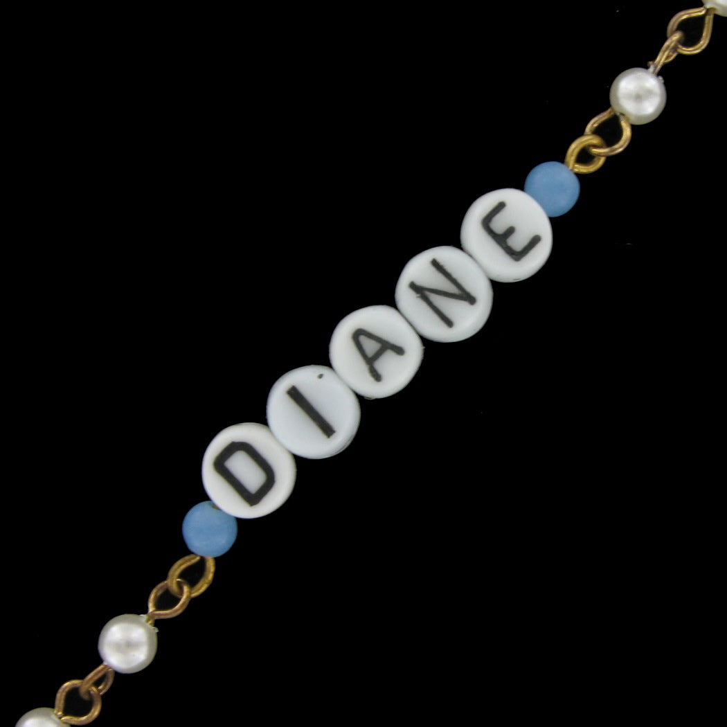 Diane - Blue Glass Faux Pearl Name Link Bracelet - Circa 1950-60