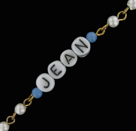 Jean - Blue Glass Faux Pearl Name Link Bracelet - Circa 1950-60