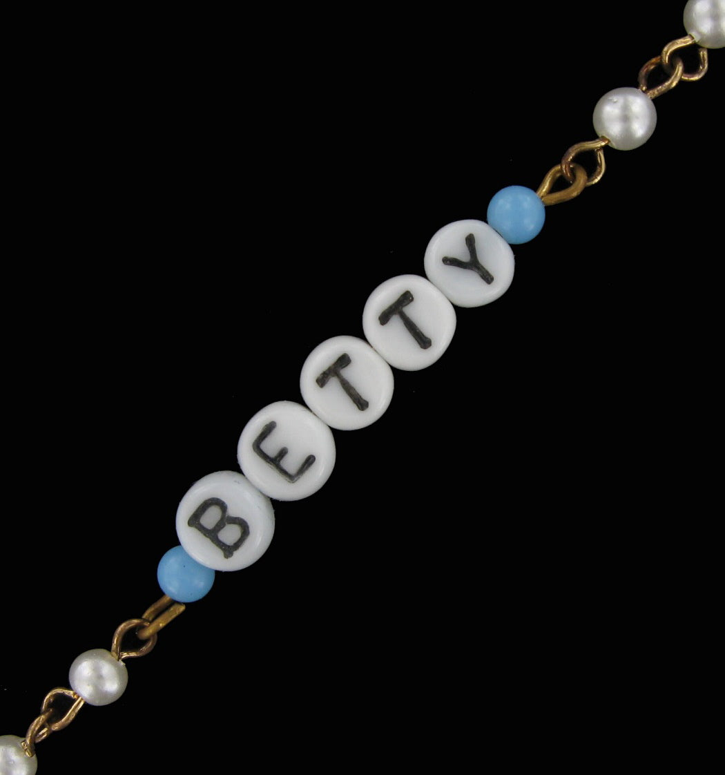 Betty - Blue Glass Faux Pearl Name Link Bracelet - Circa 1950-60