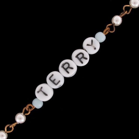 Terry - Blue Glass Faux Pearl Name Link Bracelet - Circa 1950-60