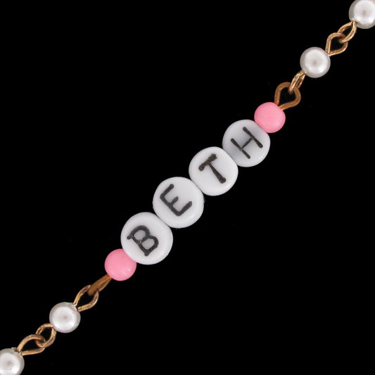 Beth - Pink Glass Faux Pearl Name Link Bracelet - Circa 1950-60