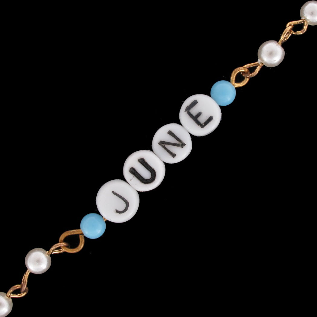 June - Blue Glass Faux Pearl Name Link Bracelet - Circa 1950-60