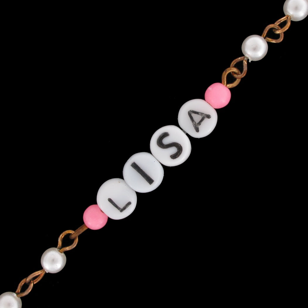 Lisa - Pink Glass Faux Pearl Name Link Bracelet - Circa 1950-60
