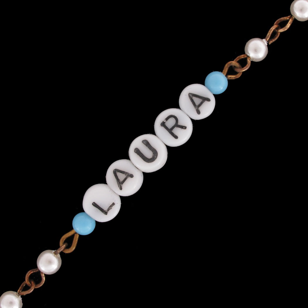 Laura - Blue Glass Faux Pearl Name Link Bracelet - Circa 1950-60