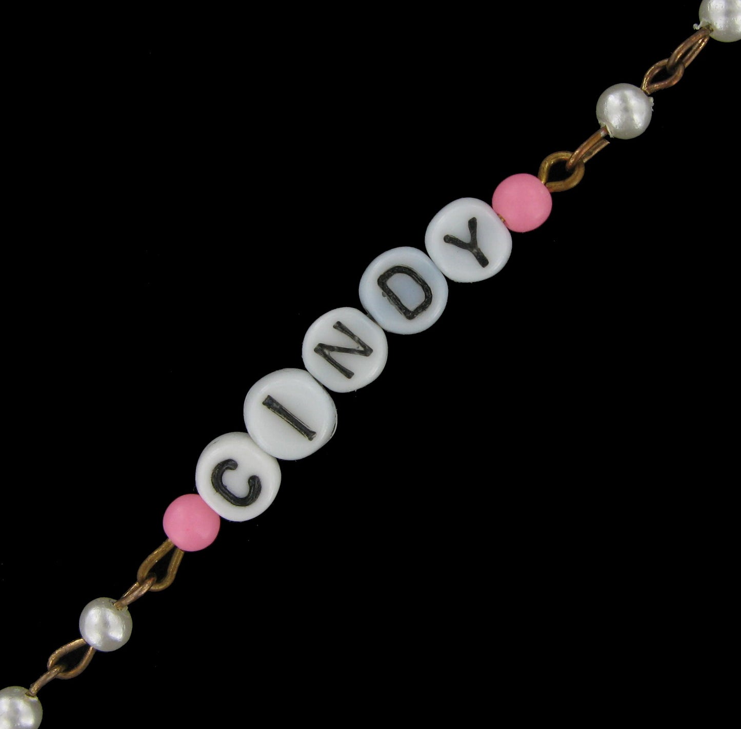 Cindy - Pink Glass Faux Pearl Name Link Bracelet - Circa 1950-60