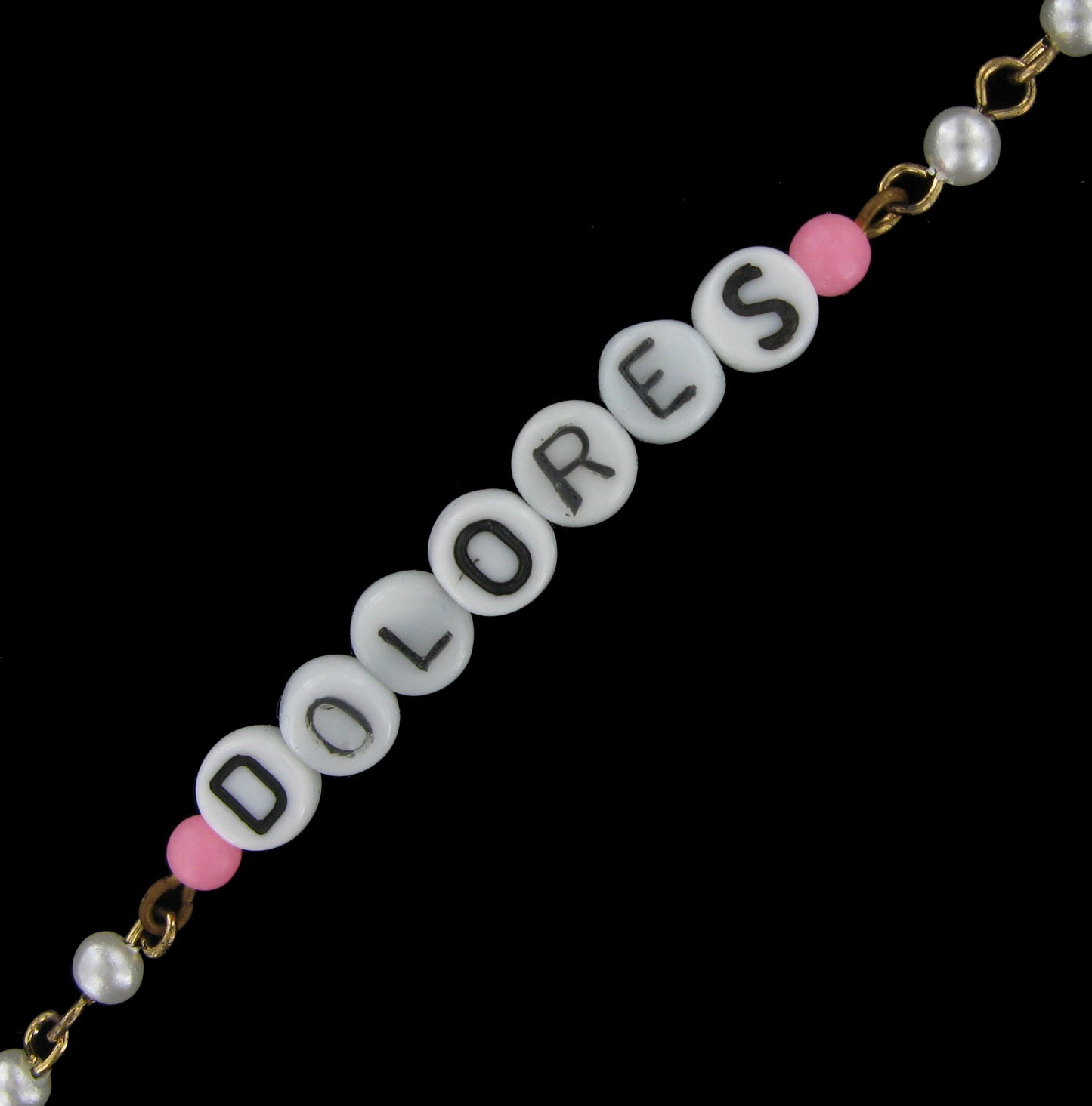 Dolores - Pink Glass Faux Pearl Name Link Bracelet - Circa 1950-60
