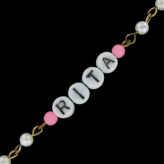 Rita - Pink Glass Faux Pearl Name Link Bracelet - Circa 1950-60