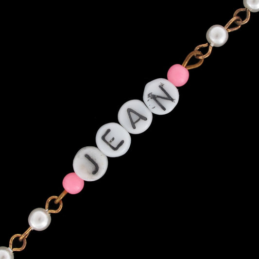 Jean - Pink Glass Faux Pearl Name Link Bracelet - Circa 1950-60