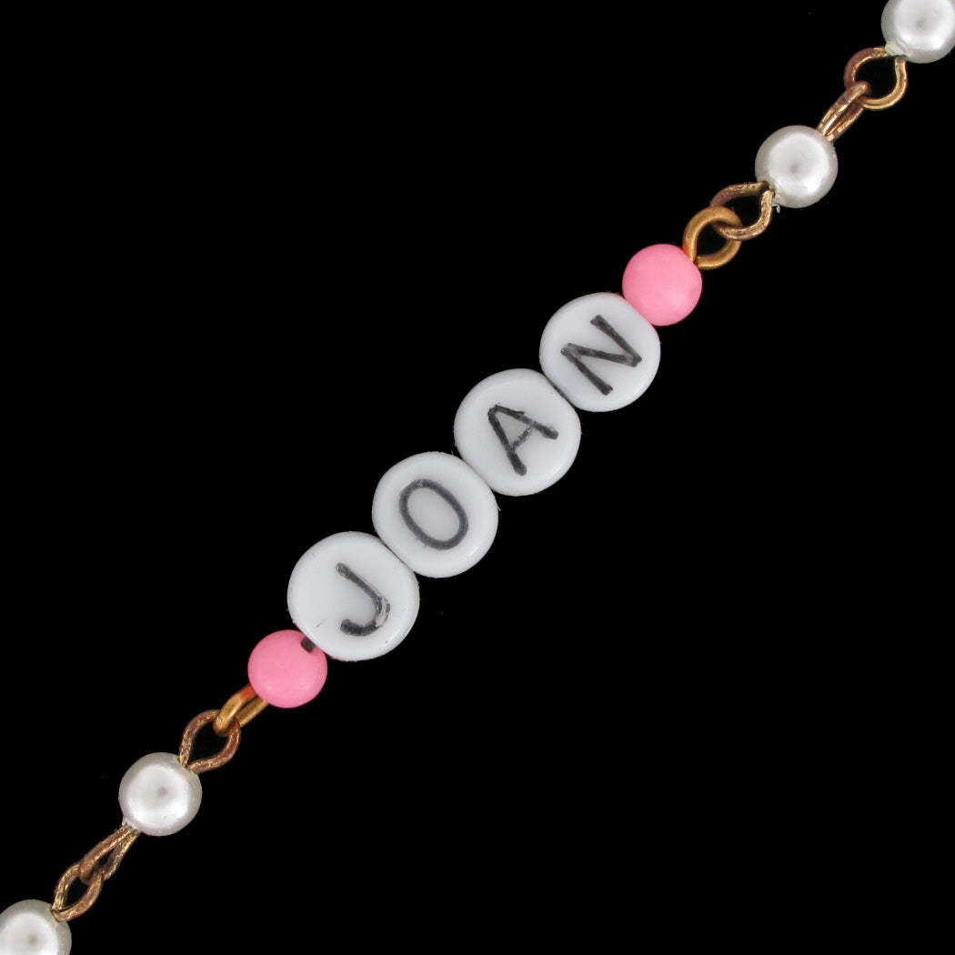 Joan - Pink Glass Faux Pearl Name Link Bracelet - Circa 1950-60