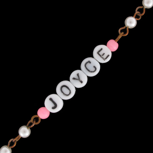 Joyce - Pink Glass Faux Pearl Name Link Bracelet - Circa 1950-60