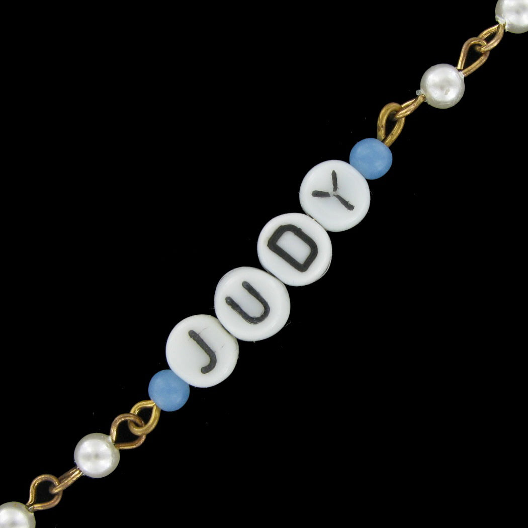 Judy - Blue Glass Faux Pearl Name Link Bracelet - Circa 1950-60