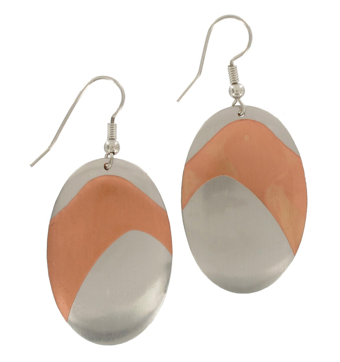 Oval Silver Copper Tone Dangle Pierced Earrings 1.5"
