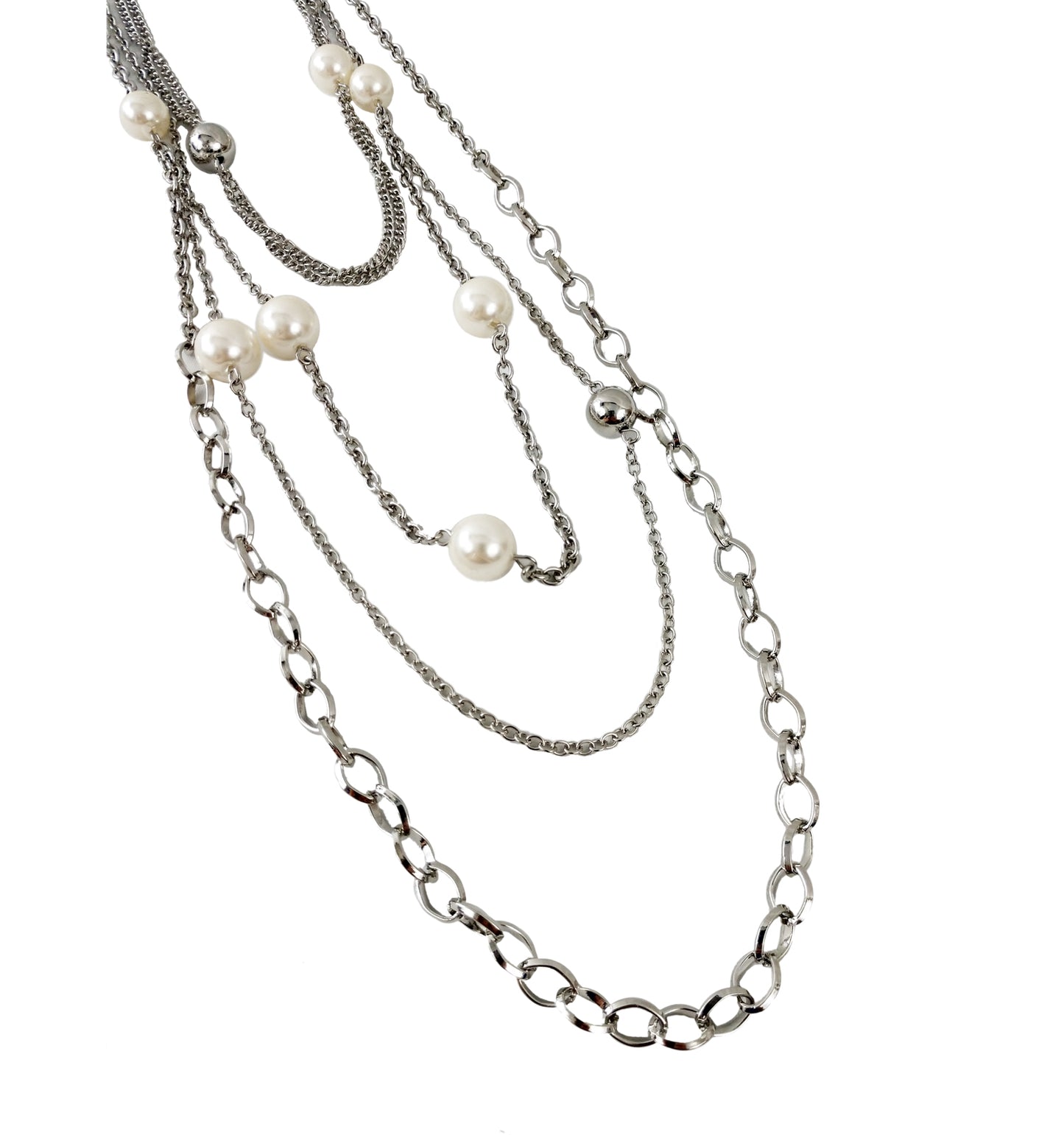 Premier Designs Multi Strand Silver Tone Chain Faux Pearl Necklace 25-28" NWOT