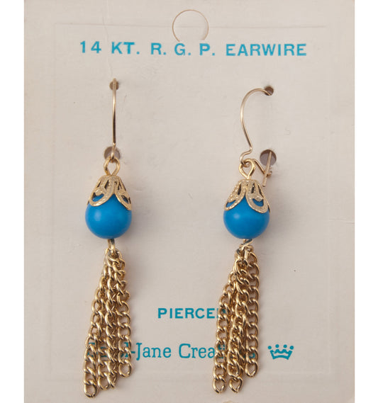 Gold Tone Blue Beaded Tassel Chandelier Pierced Earrings 14k RGP Vintage