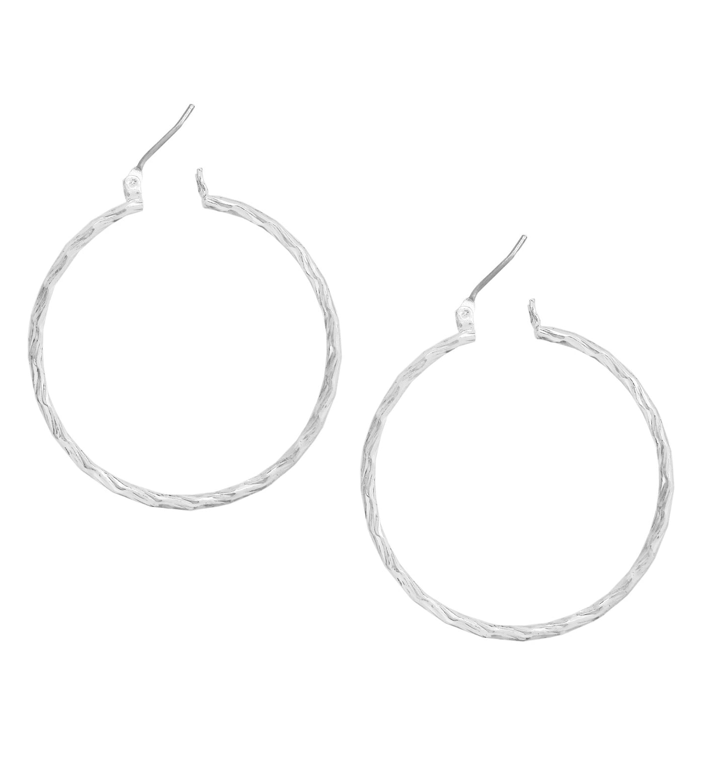 Silver Tone Textured Hoop Round Pierced Earrings 1 3/8"