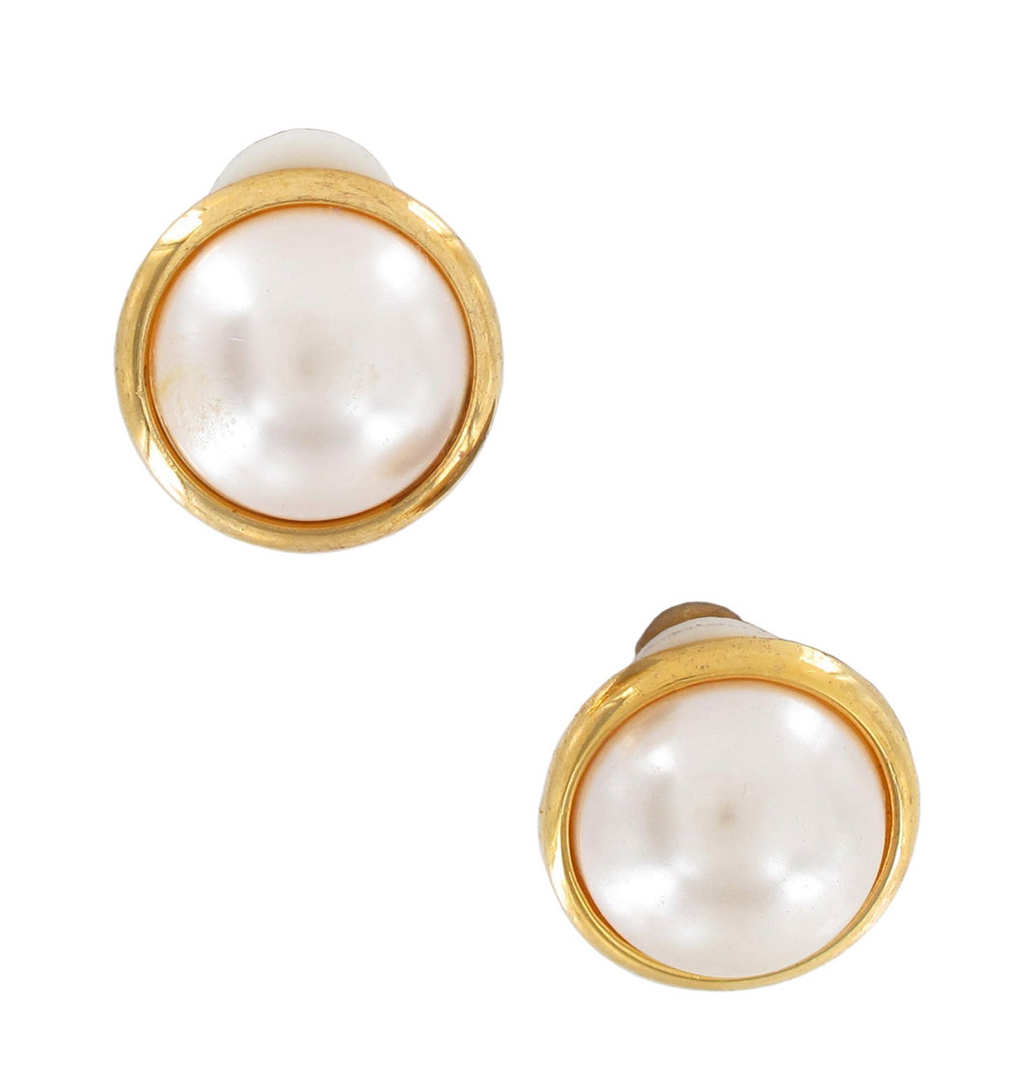 Clip On Earrings White Faux Pearl Button Gold Tone 17mm 11/16"