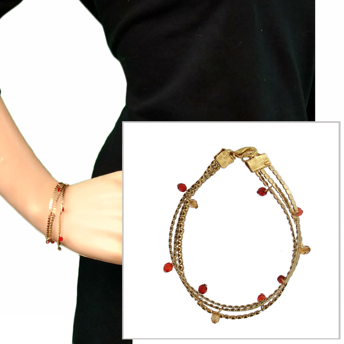 Multi Strand Gold Tone Red Beaded Chain Bracelet Back To School Jewelry 6"