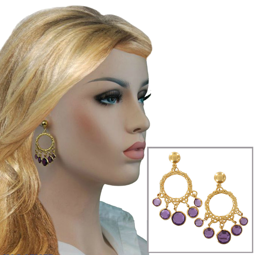 Pierced Earrings Chandelier Gold Tone Purple Faux Crystal 1 1/2"