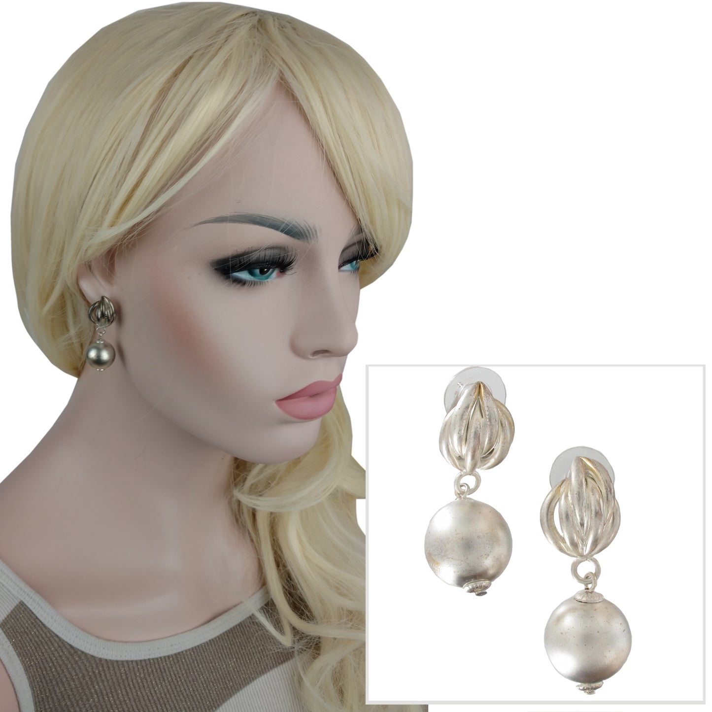 Silver Tone Distressed Gilt Earrings Bead Dangle - Basket Weave