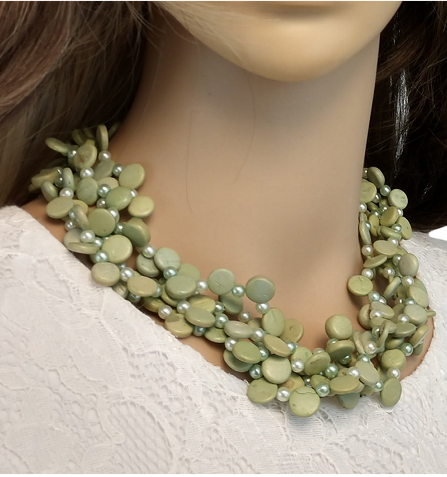 Light Pastel Green Faux Pearl Wood Disc Beaded Necklace 5 Multi Strand 18"