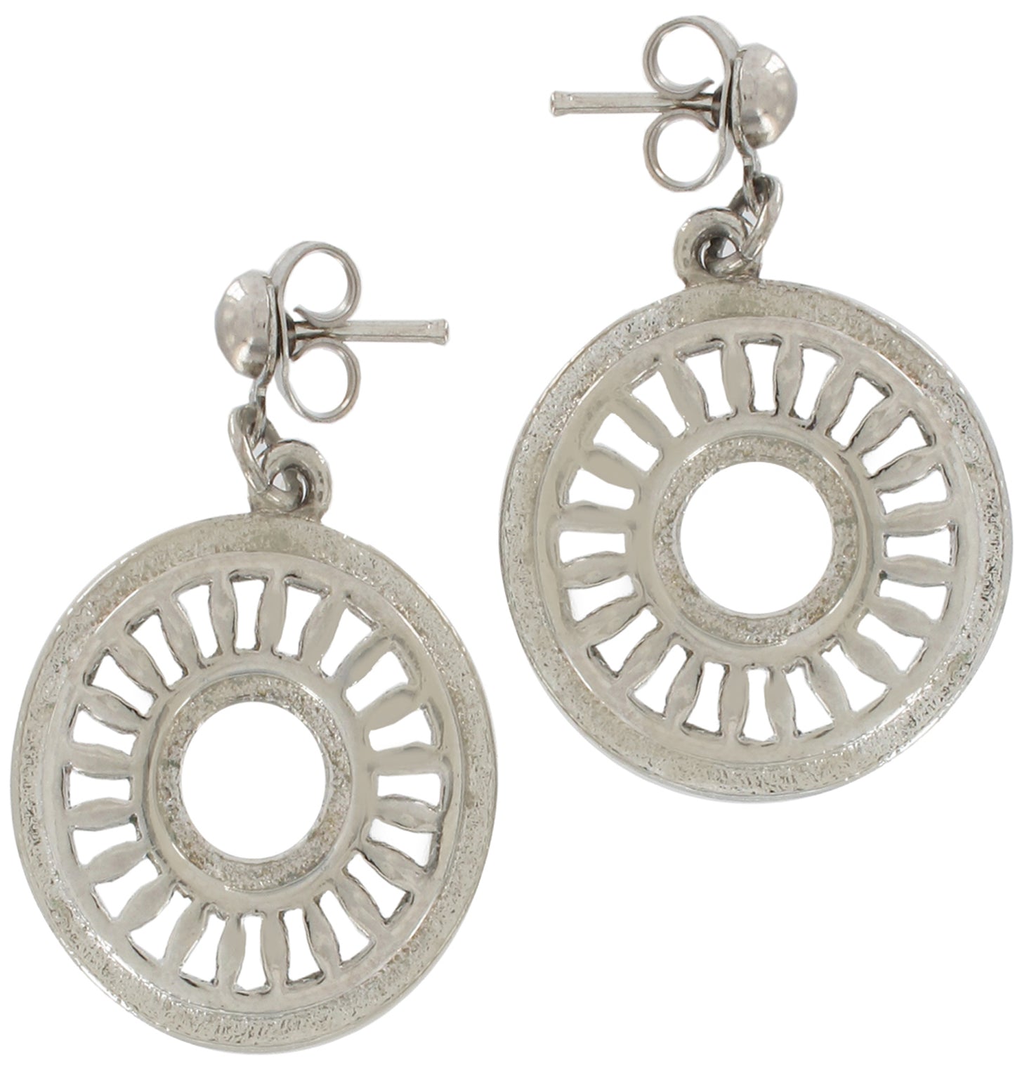 Silver Tone Textured Wheels Drop Dangle Pierced Earrings Vintage